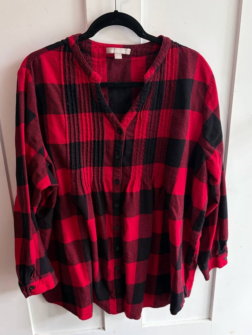 Woman Within Red and Black Buffalo Plaid Button-Up Top